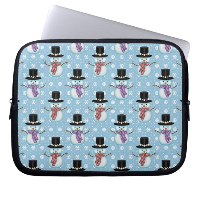 Cute Snowmen on Pale Blue Pattern Laptop Sleeve (Front)