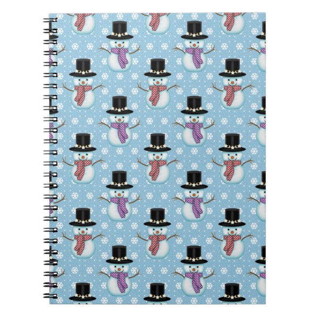 Cute Snowmen on Pale Blue Pattern Spiral Notebook (Front)