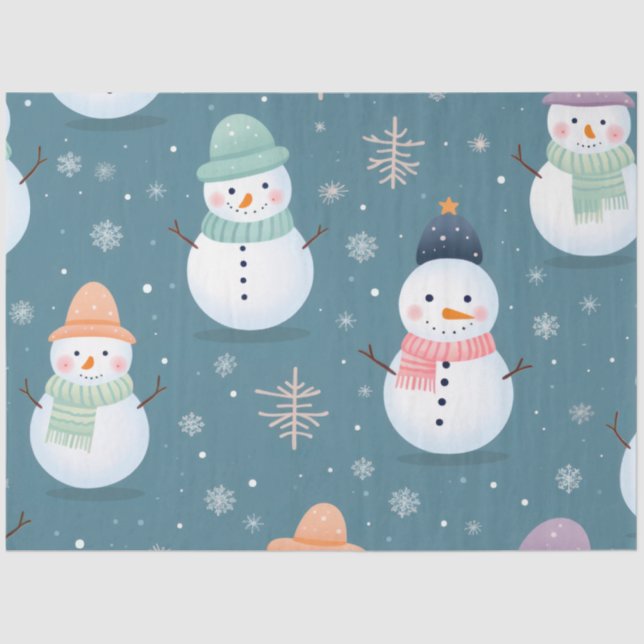 Cute Snowmen Snowflakes Green Christmas Tissue Paper (Front)