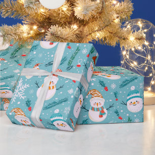 Cute Snowmen Snowflakes Green Christmas Wrapping Paper