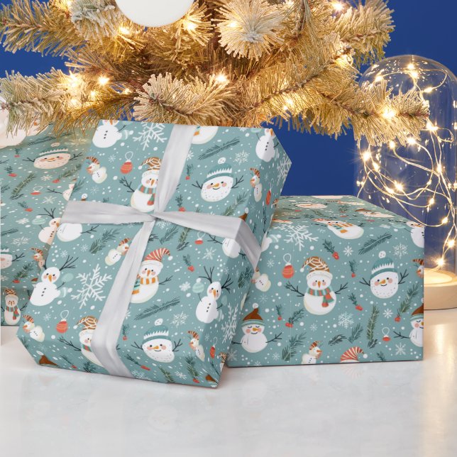 Cute Snowmen Snowflakes Green Christmas Wrapping Paper (Holidays)