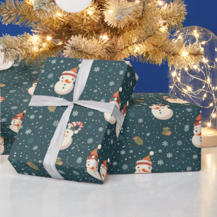 Cute Snowmen Snowflakes Green Christmas Wrapping Paper