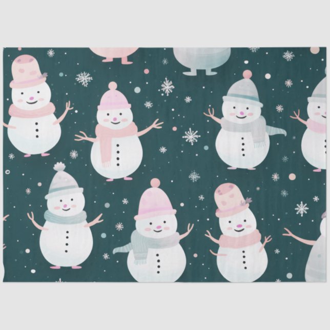 Cute Snowmen Snowflakes Pastel Black Christmas Tissue Paper (Front)
