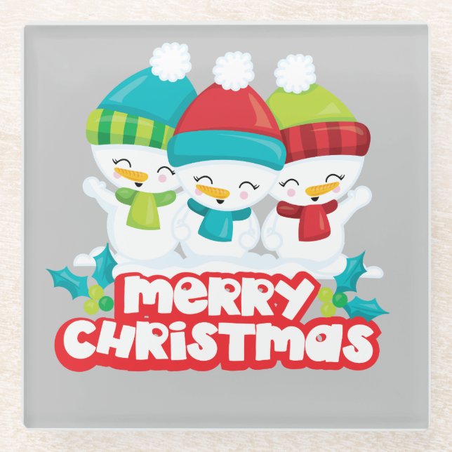 Cute Snowmen Trio Christmas Glass Coaster (Front)