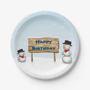 Cute Snowmen wishing Happy Birthday Paper Plate