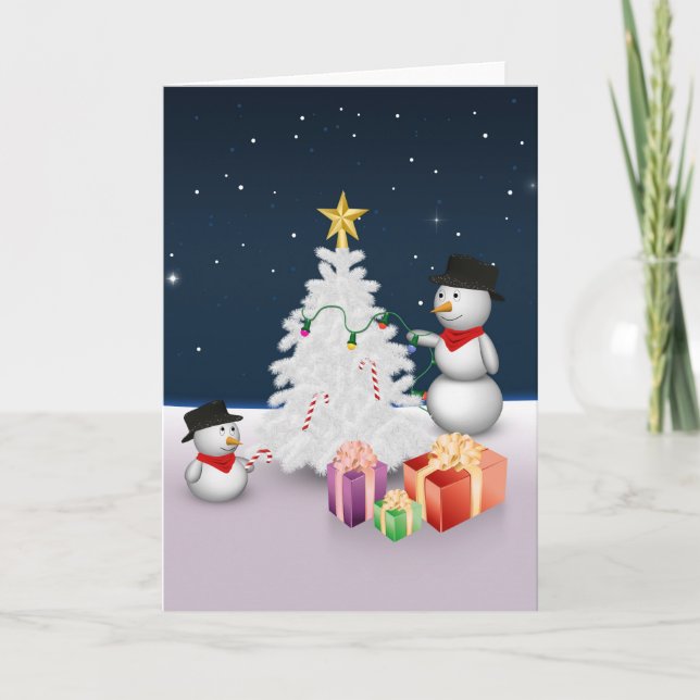 Cute Snowmen with Christmas Tree Holiday Card (Front)