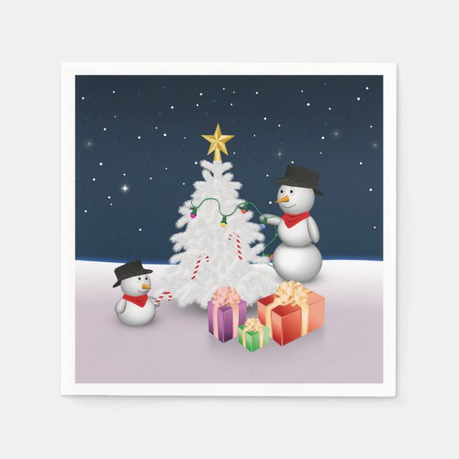 Cute Snowmen with Christmas Tree Napkin (Front)