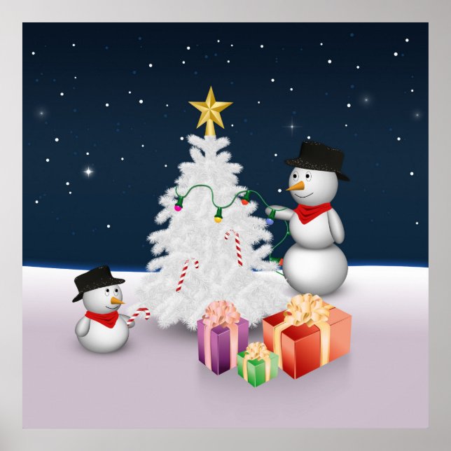 Cute Snowmen with Christmas Tree Poster (Front)