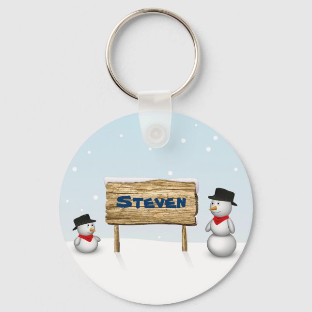 Cute Snowmen with Personalized Name Plate Key Ring (Front)