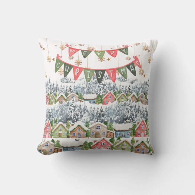 Cute Snowy Christmas Village Cushion (Front)