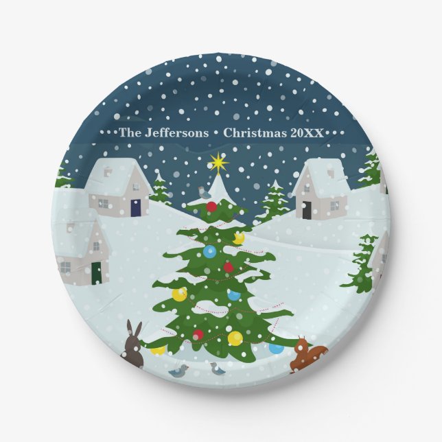 Cute Snowy Christmas village Paper Plate (Front)