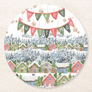 Cute Snowy Christmas Village Round Paper Coaster