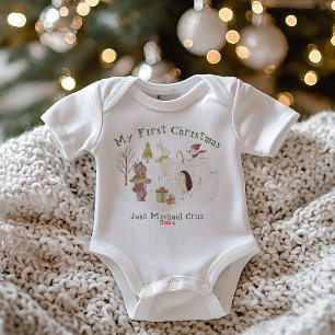 Cute Snowy Forest Animal Scene My First Christmas Baby Bodysuit