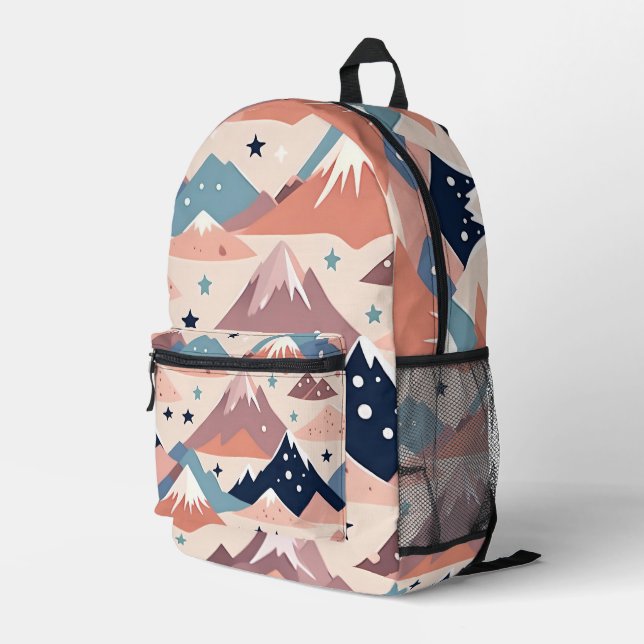 Cute snowy mountains and stars pattern pink printed backpack (Back Corner Right)