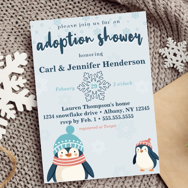 Cute Snowy Penguin Adoption Baby / Child Shower Invitation (adoption baby / child shower cute snowy penguins snowflake winter shower for adoptive families )