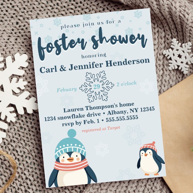 Cute Snowy Penguin Foster Care Baby / Child Shower Invitation (foster care baby /child shower cute winter snowy penguin design blue gender neutral boy or girl )