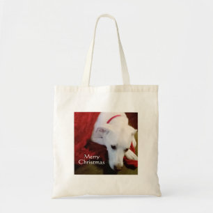 Cute Snowy White Puppy Dog Christmas Red Tote Bag