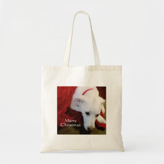 Cute Snowy White Puppy Dog Christmas Red Tote Bag