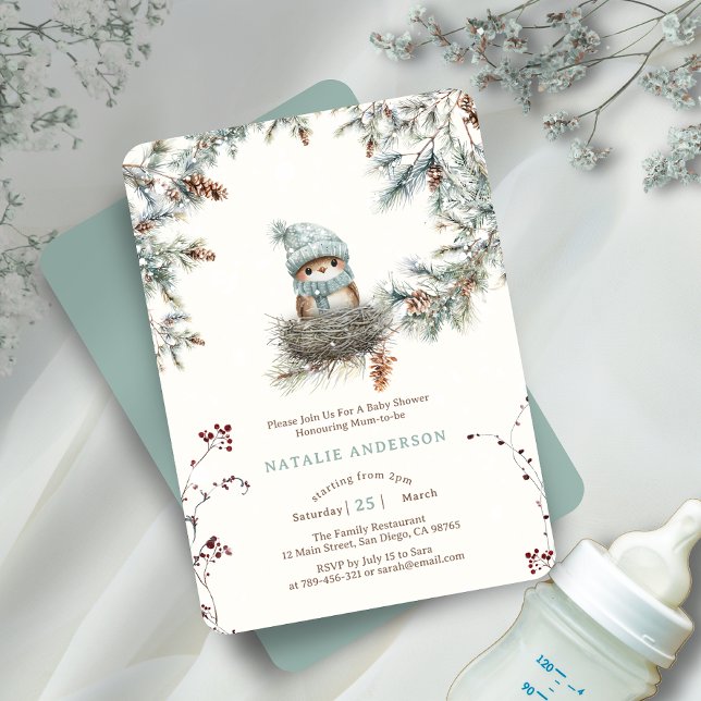 Cute Snowy Woodland Blue Bird's Nest Baby Shower Invitation (Cute Snowy Woodland Blue Bird's Nest Baby Shower Invitation)