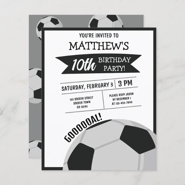 Cute Soccer Ball Ribbon Budget Birthday Invite (Front/Back)