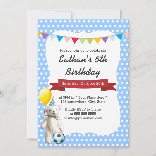 Cute Soccer Bear Blue Polka Dots Birthday Party Invitation (Front)