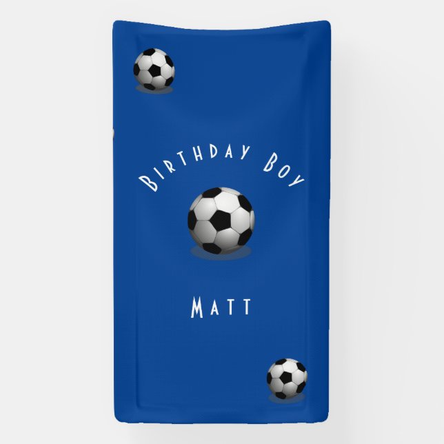 Cute Soccer Birthday Boy Blue and White Banner (Vertical)