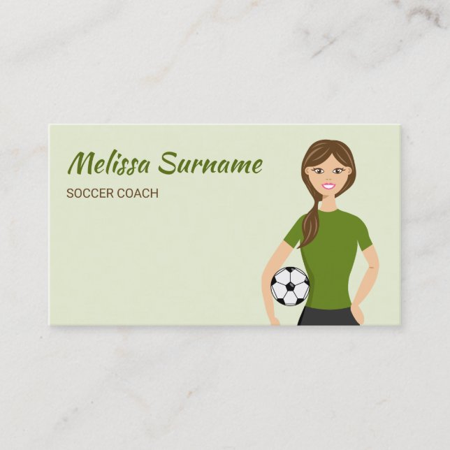 Cute Soccer Coach Girl Illustration Green Business Card (Front)
