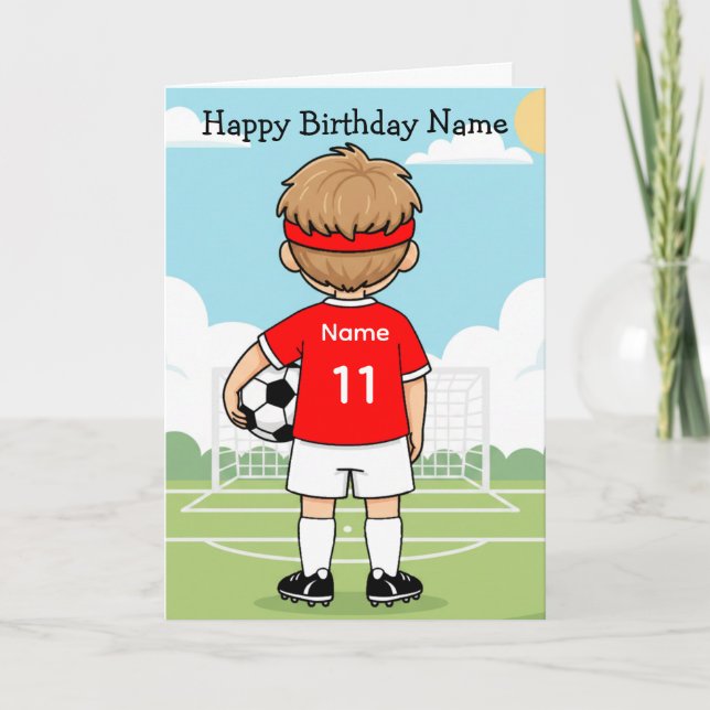 Cute Soccer Football Boy Red Shirt Birthday Card (Front)