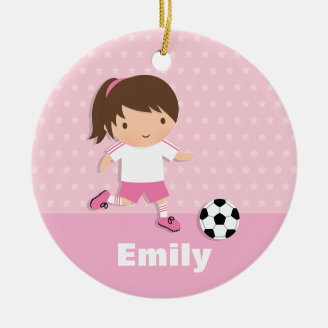 Cute Soccer Footballer Girl Pink Personalised Ceramic Tree Decoration (Front)