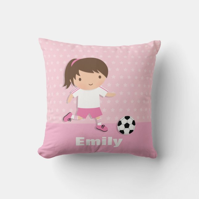 Cute Soccer Footballer Girl Pink Throw Pillow (Front)