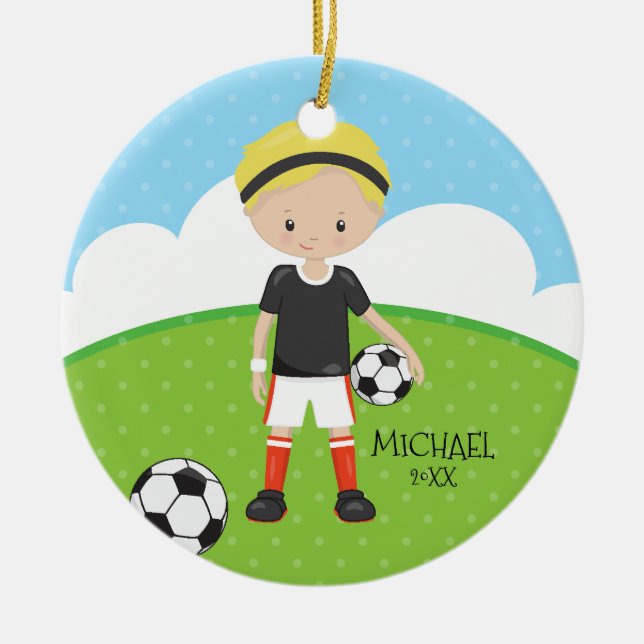 Cute Soccer Player Personalised Dated Christmas Ceramic Tree Decoration (Front)