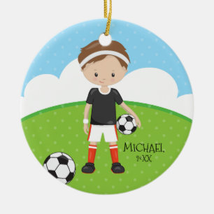 Cute Soccer Player Personalised Dated Christmas Ceramic Tree Decoration