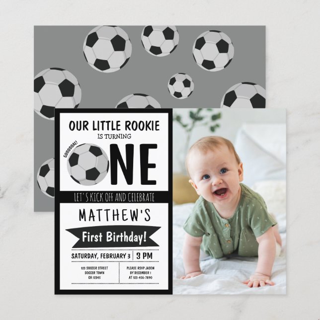 Cute Soccer Ribbon Budget Photo 1st Birthday (Front/Back)