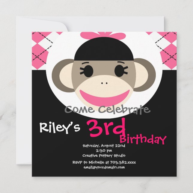 Cute Sock Monkey Birthday Invitations Pink Argyle (Front)