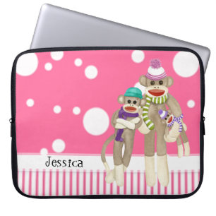 Cute Sock Monkey Girl Friends Whimsical Fun Art Laptop Sleeve