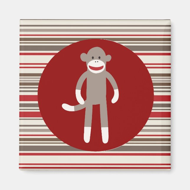 Cute Sock Monkey on Red Circle Red Brown Stripes Magnet (Front)