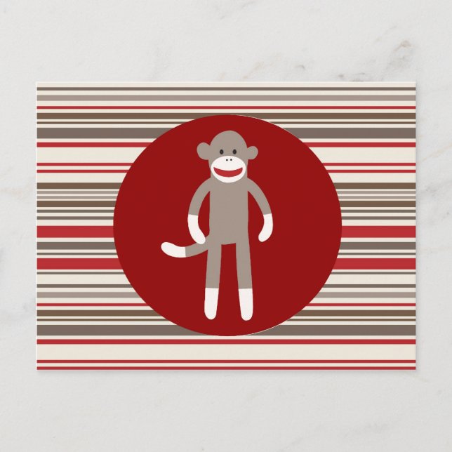 Cute Sock Monkey on Red Circle Red Brown Stripes Postcard (Front)