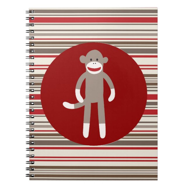 Cute Sock Monkey on Red Circle Red Brown Stripes Spiral Notebook (Front)