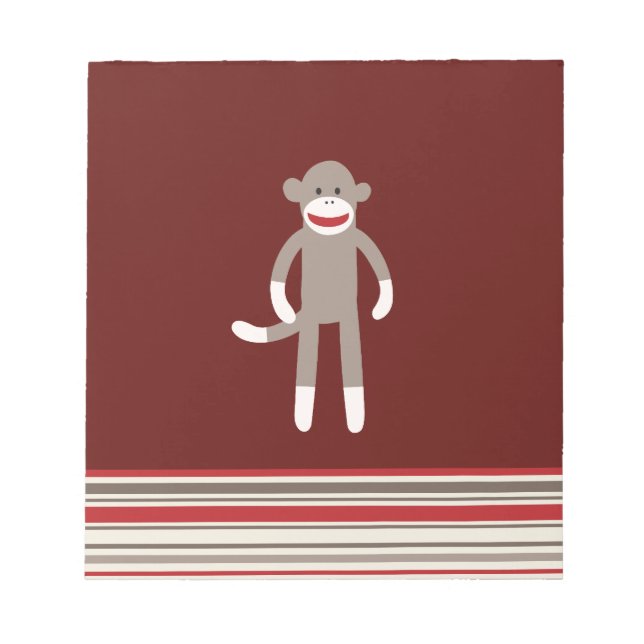Cute Sock Monkey on Red with Stripes Notepad (Front)