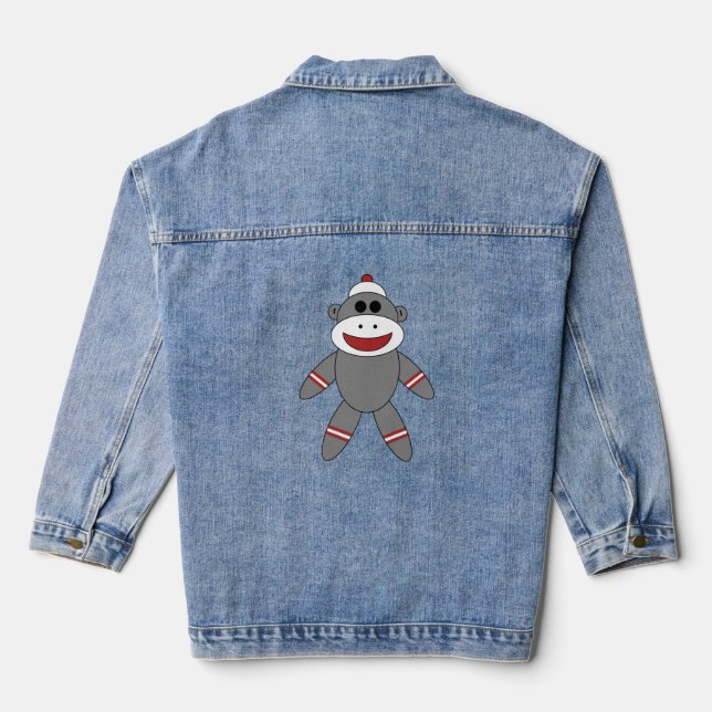 Cute Sock Monkey Stuffed Toy Animal Denim Jacket (Back)