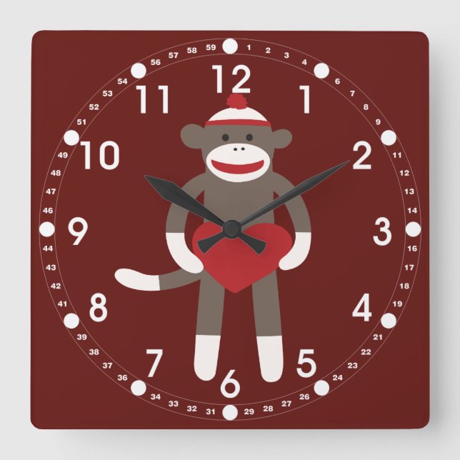 Cute Sock Monkey with Hat Holding Heart Square Wall Clock (Front)