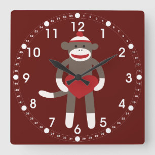 Cute Sock Monkey with Hat Holding Heart Square Wall Clock
