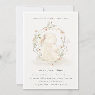 Cute Soft Baby Mum Bunny Floral Wreath Baby Shower Invitation