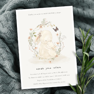 Cute Soft Baby Mum Bunny Floral Wreath Baby Shower Invitation