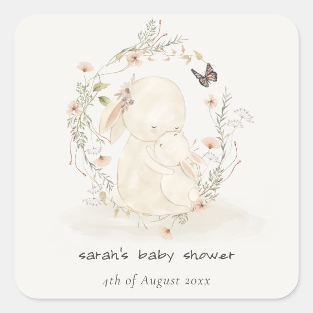 Cute Soft Baby Mum Bunny Floral Wreath Baby Shower Square Sticker (Front)