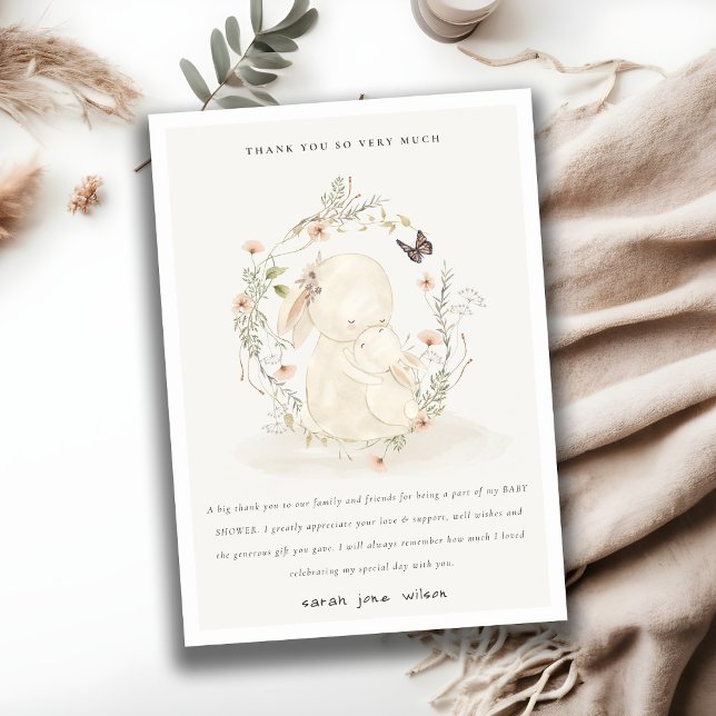 Cute Soft Baby Mum Bunny Floral Wreath Baby Shower Thank You Card (Creator Uploaded)