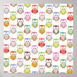 Cute soft colourful owls different chest patterns poster