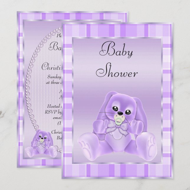 Cute Soft Lilac Floppy Ears Bunny Baby Shower Invitation (Front/Back)