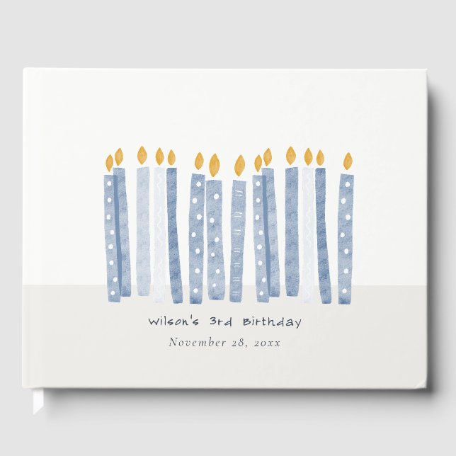 Cute Soft Pastel Blue Watercolor Birthday Candles Guest Book (Front)