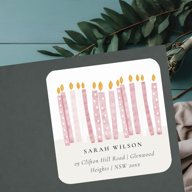 Cute Soft Pastel Pink Watercolor Candles Address Square Sticker (Creator Uploaded)